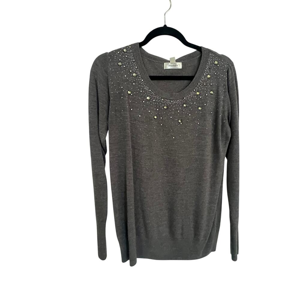Dressbarn Women’s Gray‎ Crystal Embellished Trim Pullover Sweater Size Large